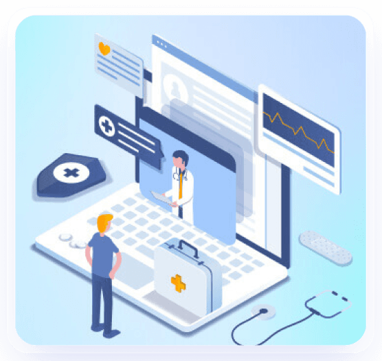 Healthcare SaaS platform illustration with clinician and patient dashboards