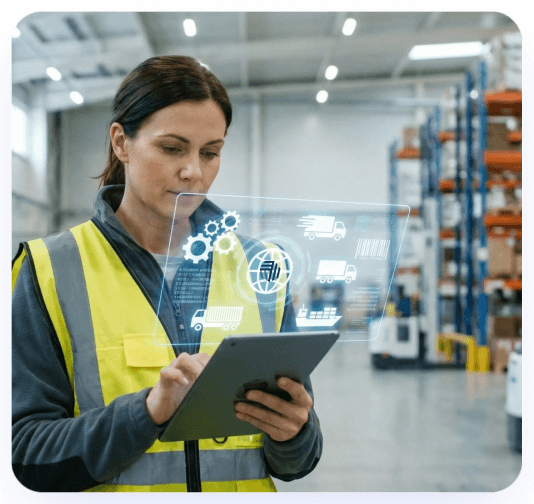 Warehouse operator reviewing 3PL fulfillment data on a tablet